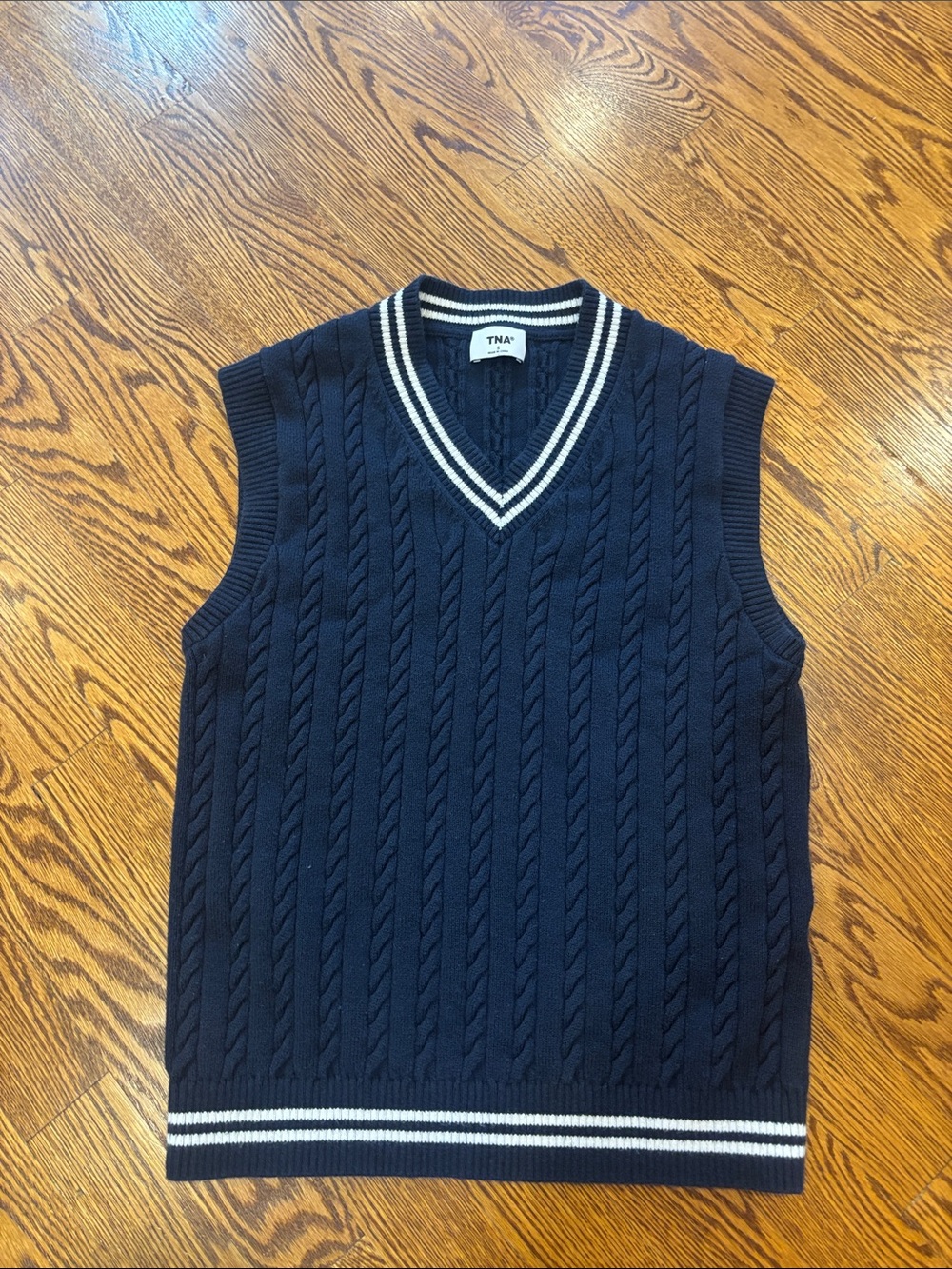 Aritzia Navy Cable Knit V-Neck Sweater Vest with White Stripe Trim